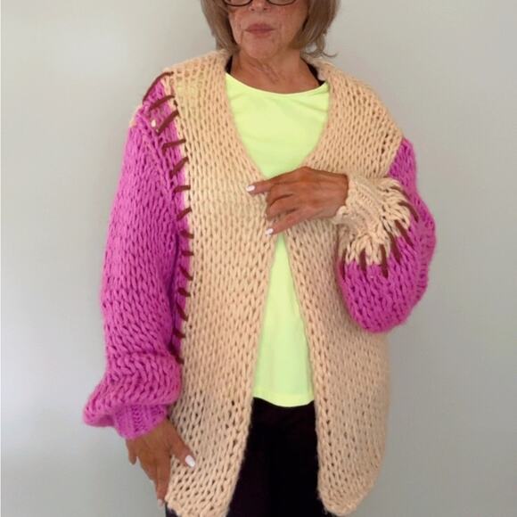 SAACHI Colorblock Patchwork Chunky Open-Front Oversized Small Cardigan Sweater - Picture 3 of 8